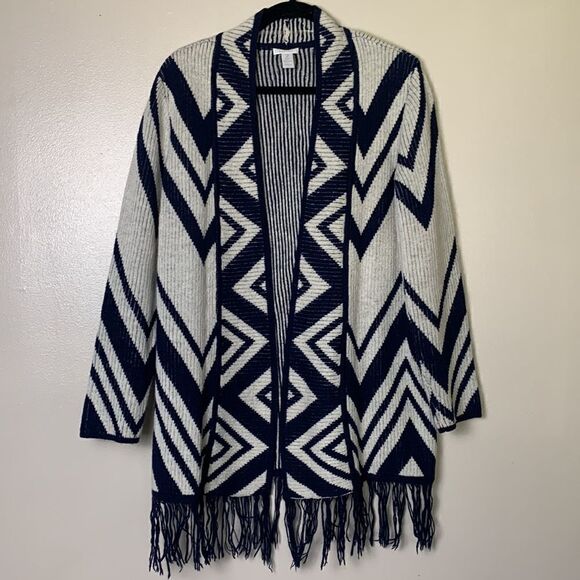 CHICOS size 2 cardigan sweater fringe boho chevron zig zag large L southeastern - Picture 9 of 9
